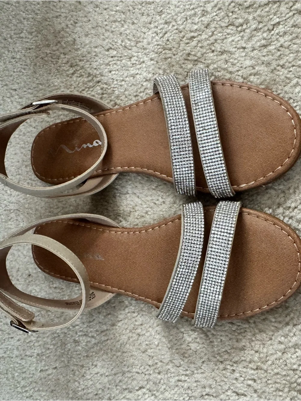 Nina Tan Footbed Sandals with Silver Rhinestone Double Straps